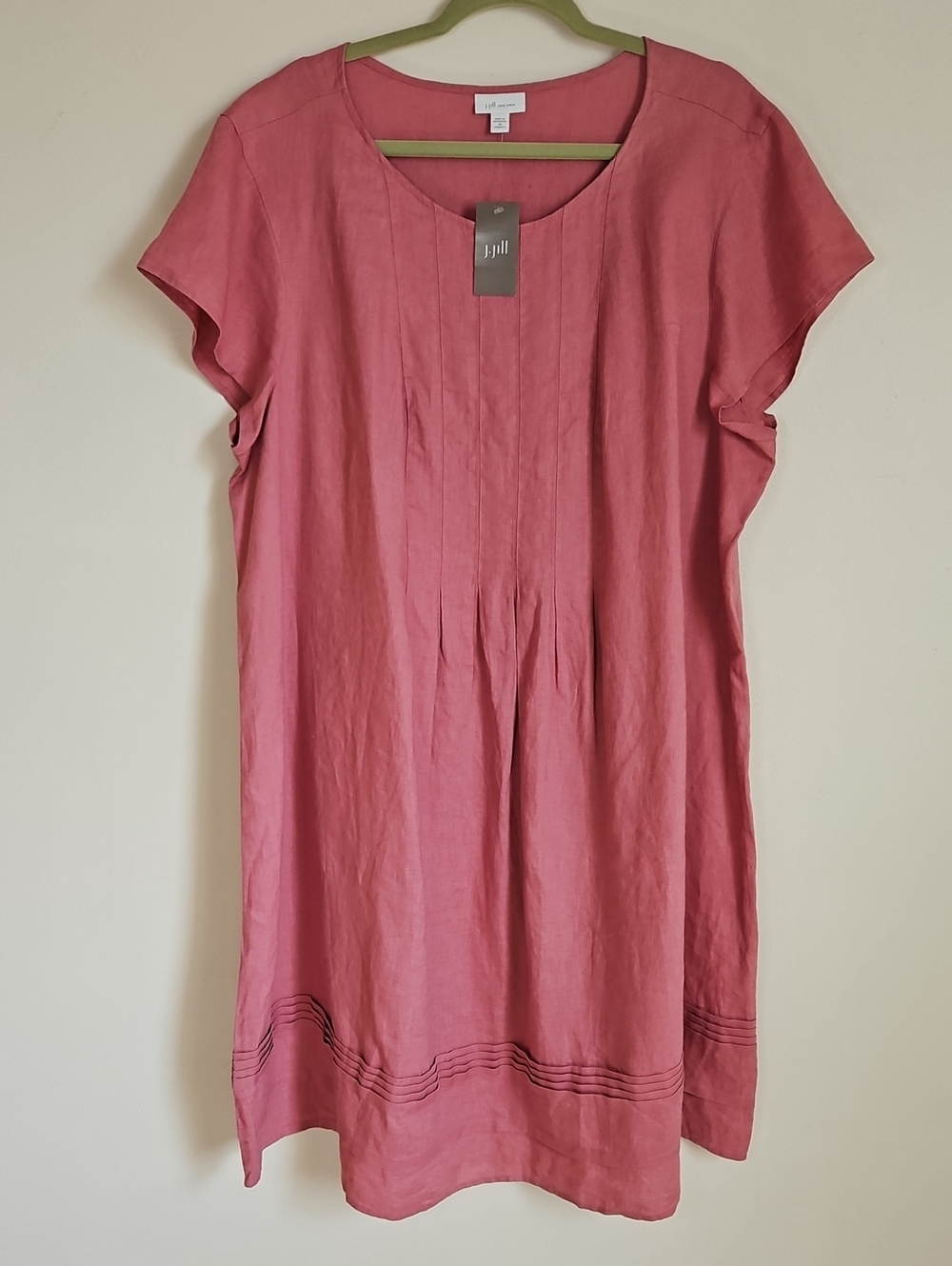 J Jill Love Linen Midi Dress Pink Pintucks Pleats Lower Tier Short Sleeve 3X NEW